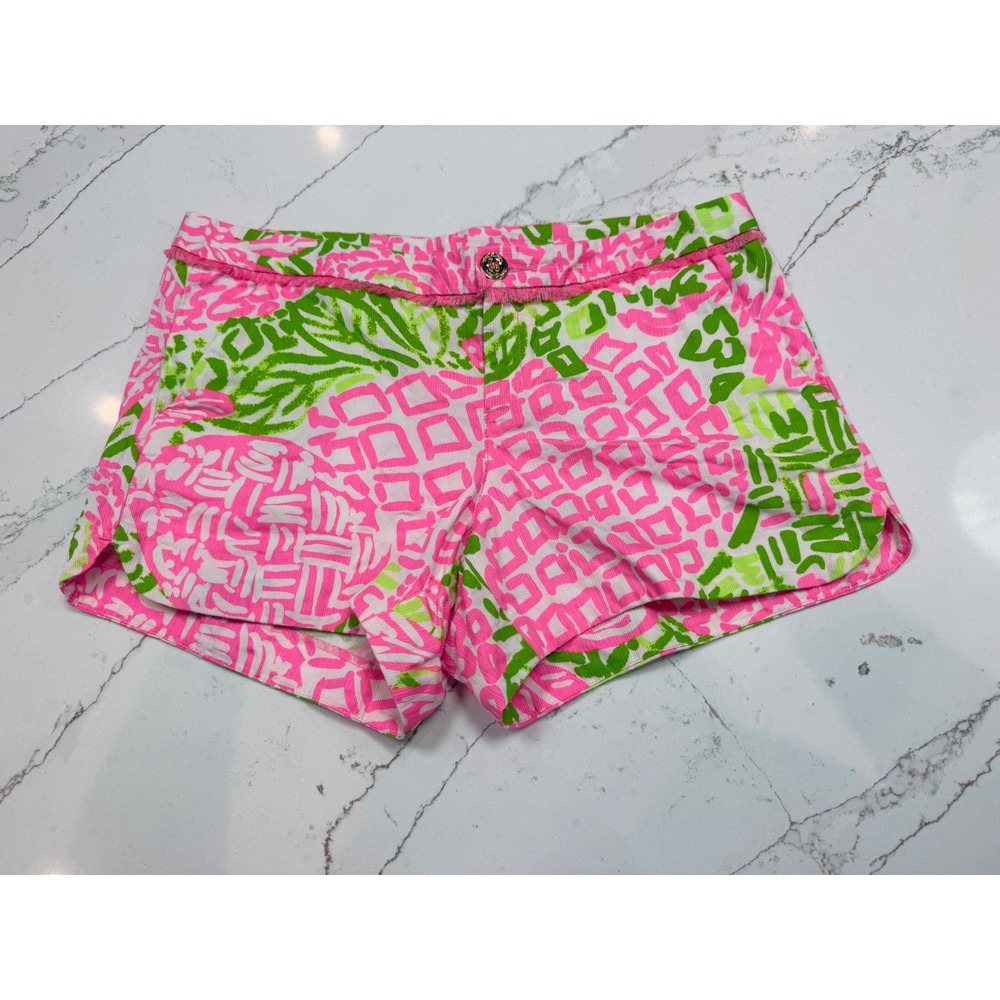 Lilly Pulitzer Pink Green Abstract Pineapple Fringe‎ Trim Cotton Shorts Size 6